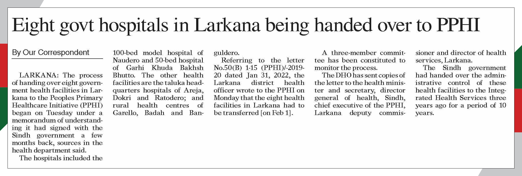 Eight Govt. hospitals in Larkana being handed over to PPHI